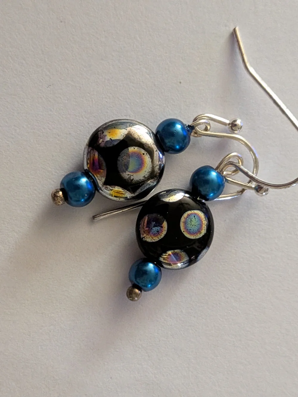 Black Glass Drop Earrings with Blue Accent Beads